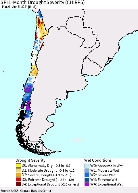 Chile SPI 1-Month Drought Severity (CHIRPS) Thematic Map For 3/6/2024 - 4/5/2024