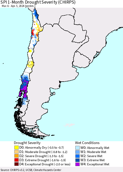 Chile SPI 1-Month Drought Severity (CHIRPS) Thematic Map For 3/6/2024 - 4/5/2024