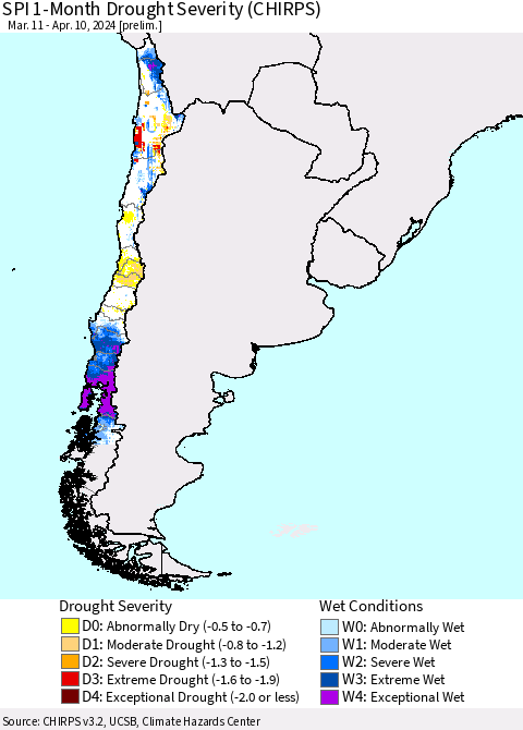 Chile SPI 1-Month Drought Severity (CHIRPS) Thematic Map For 3/11/2024 - 4/10/2024