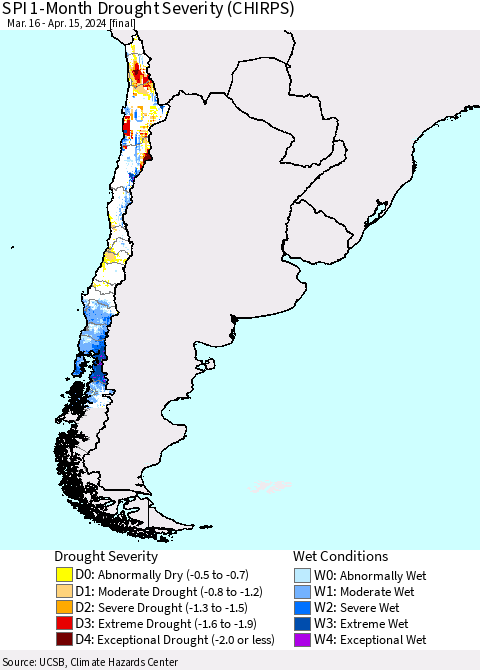 Chile SPI 1-Month Drought Severity (CHIRPS) Thematic Map For 3/16/2024 - 4/15/2024