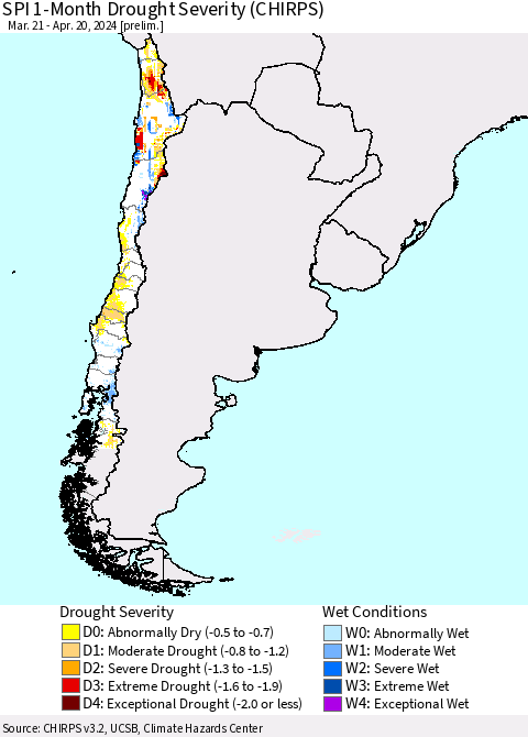 Chile SPI 1-Month Drought Severity (CHIRPS) Thematic Map For 3/21/2024 - 4/20/2024