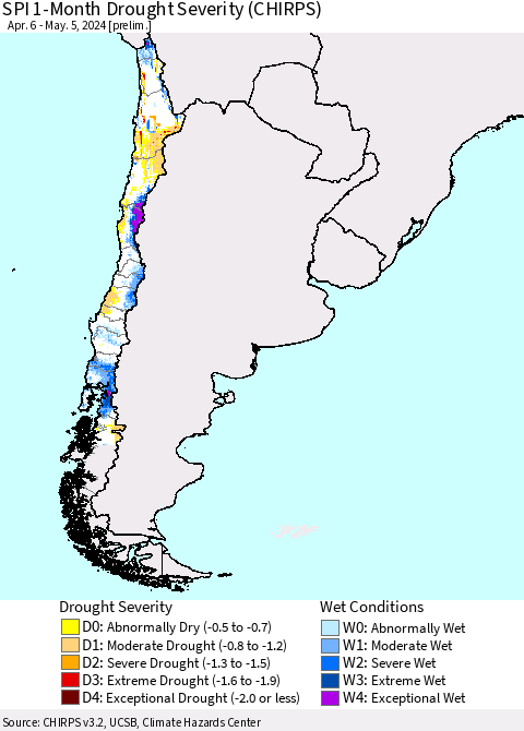 Chile SPI 1-Month Drought Severity (CHIRPS) Thematic Map For 4/6/2024 - 5/5/2024
