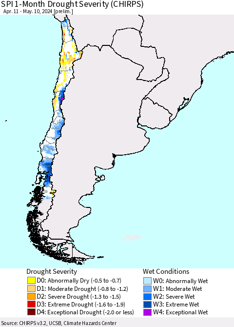 Chile SPI 1-Month Drought Severity (CHIRPS) Thematic Map For 4/11/2024 - 5/10/2024