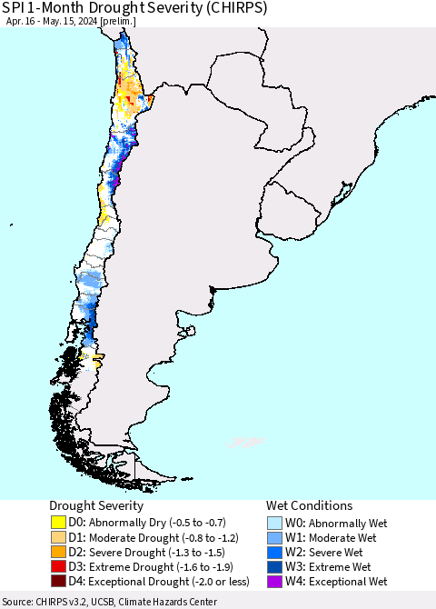 Chile SPI 1-Month Drought Severity (CHIRPS) Thematic Map For 4/16/2024 - 5/15/2024