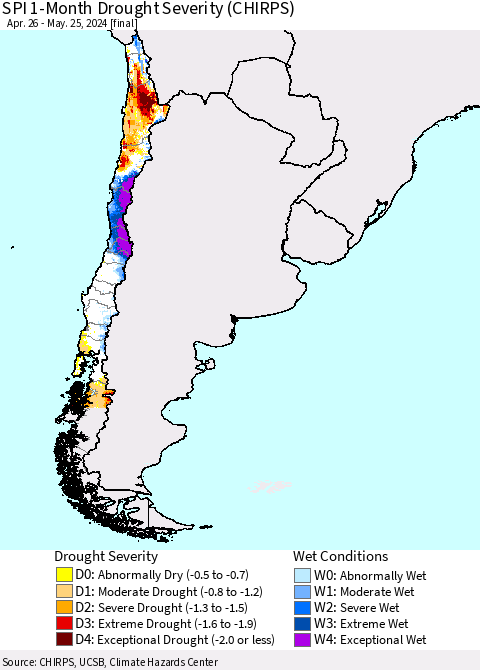 Chile SPI 1-Month Drought Severity (CHIRPS) Thematic Map For 4/26/2024 - 5/25/2024