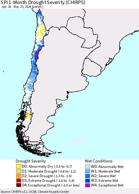 Chile SPI 1-Month Drought Severity (CHIRPS) Thematic Map For 4/26/2024 - 5/25/2024