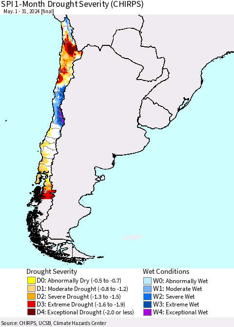 Chile SPI 1-Month Drought Severity (CHIRPS) Thematic Map For 5/1/2024 - 5/31/2024
