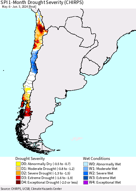 Chile SPI 1-Month Drought Severity (CHIRPS) Thematic Map For 5/6/2024 - 6/5/2024
