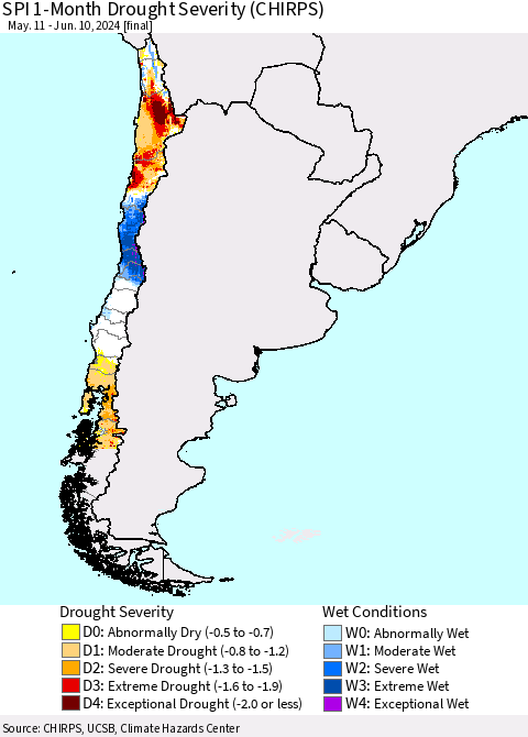 Chile SPI 1-Month Drought Severity (CHIRPS) Thematic Map For 5/11/2024 - 6/10/2024