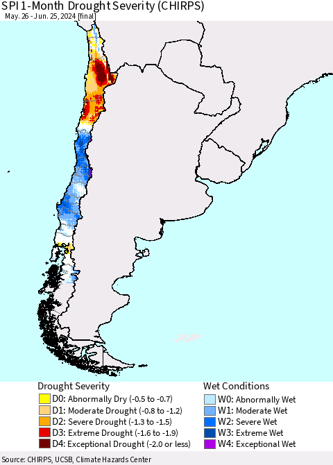 Chile SPI 1-Month Drought Severity (CHIRPS) Thematic Map For 5/26/2024 - 6/25/2024