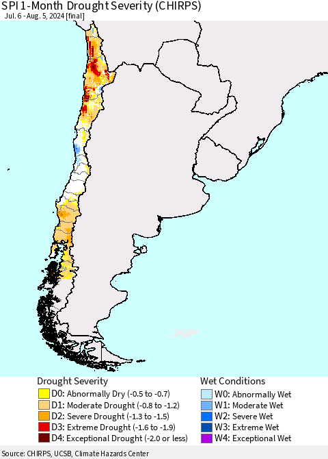 Chile SPI 1-Month Drought Severity (CHIRPS) Thematic Map For 7/6/2024 - 8/5/2024