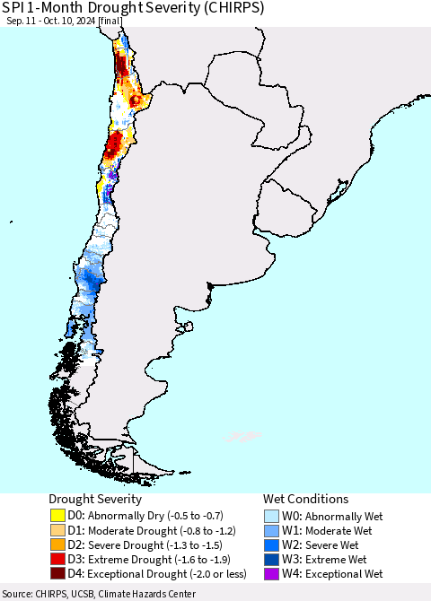 Chile SPI 1-Month Drought Severity (CHIRPS) Thematic Map For 9/11/2024 - 10/10/2024