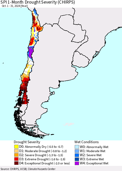 Chile SPI 1-Month Drought Severity (CHIRPS) Thematic Map For 10/1/2024 - 10/31/2024