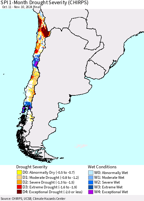 Chile SPI 1-Month Drought Severity (CHIRPS) Thematic Map For 10/11/2024 - 11/10/2024