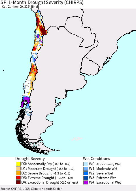 Chile SPI 1-Month Drought Severity (CHIRPS) Thematic Map For 10/21/2024 - 11/20/2024