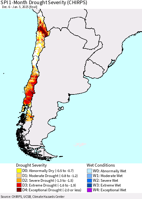Chile SPI 1-Month Drought Severity (CHIRPS) Thematic Map For 12/6/2024 - 1/5/2025