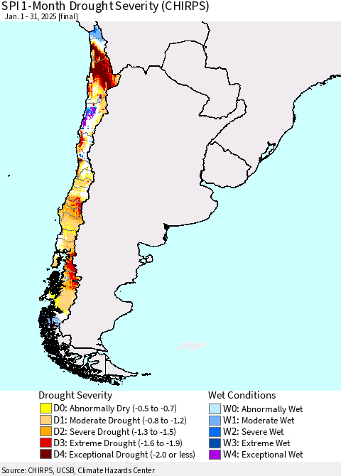 Chile SPI 1-Month Drought Severity (CHIRPS) Thematic Map For 1/1/2025 - 1/31/2025