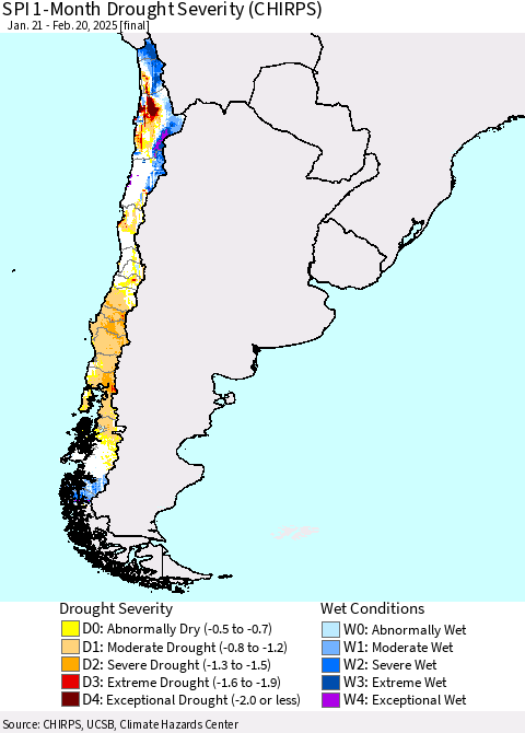 Chile SPI 1-Month Drought Severity (CHIRPS) Thematic Map For 1/21/2025 - 2/20/2025