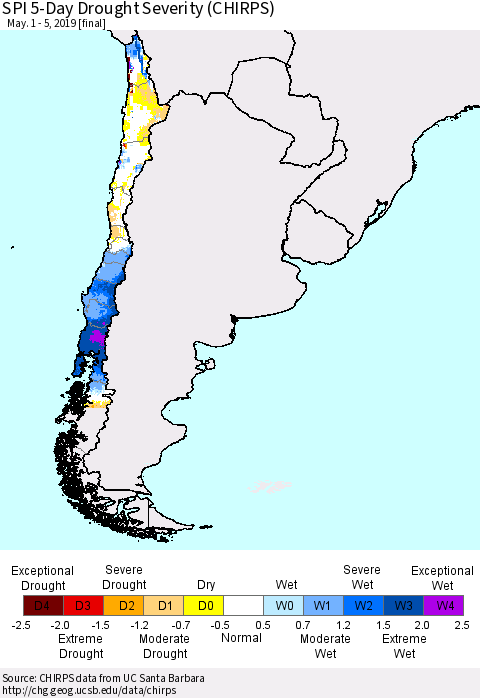 Chile SPI 5-Day Drought Severity (CHIRPS) Thematic Map For 5/1/2019 - 5/5/2019