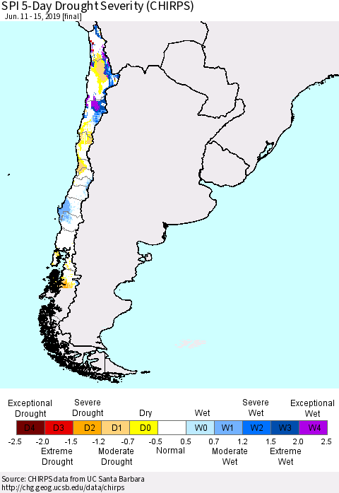 Chile SPI 5-Day Drought Severity (CHIRPS) Thematic Map For 6/11/2019 - 6/15/2019