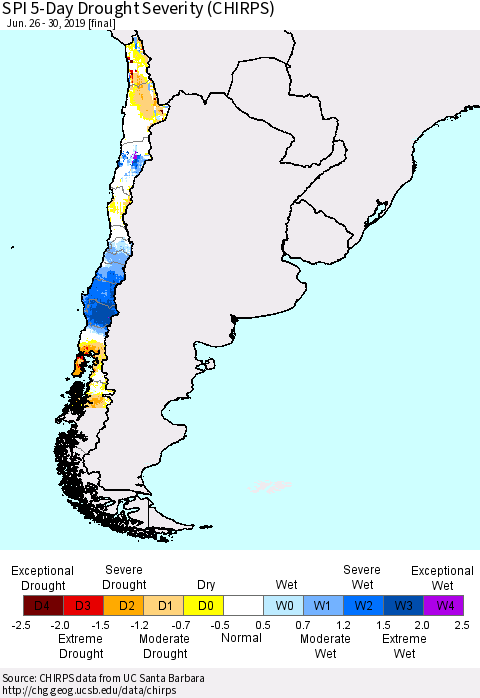 Chile SPI 5-Day Drought Severity (CHIRPS) Thematic Map For 6/26/2019 - 6/30/2019