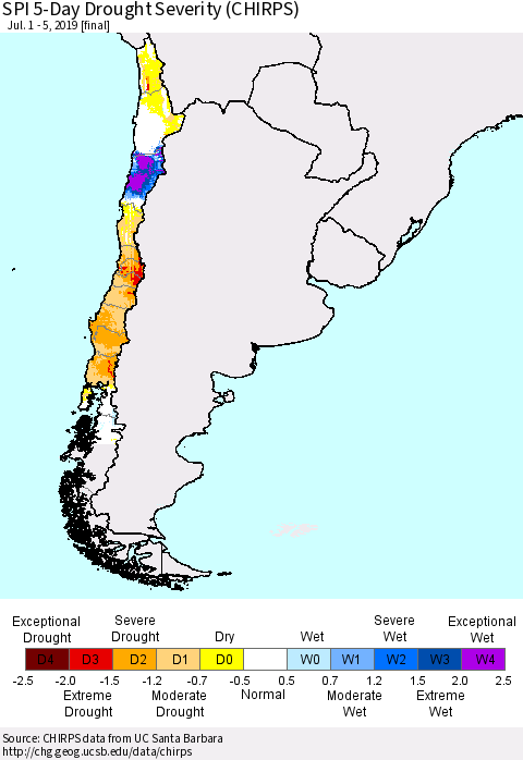 Chile SPI 5-Day Drought Severity (CHIRPS) Thematic Map For 7/1/2019 - 7/5/2019