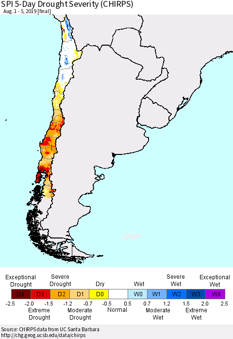 Chile SPI 5-Day Drought Severity (CHIRPS) Thematic Map For 8/1/2019 - 8/5/2019