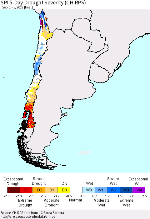 Chile SPI 5-Day Drought Severity (CHIRPS) Thematic Map For 9/1/2019 - 9/5/2019