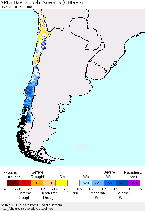 Chile SPI 5-Day Drought Severity (CHIRPS) Thematic Map For 10/26/2019 - 10/31/2019