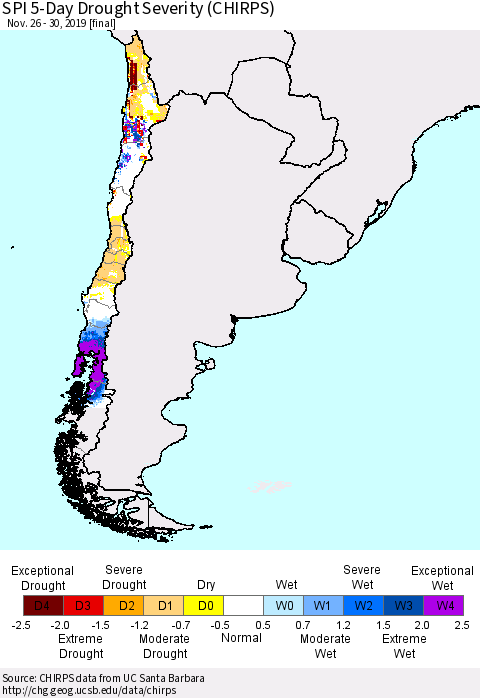 Chile SPI 5-Day Drought Severity (CHIRPS) Thematic Map For 11/26/2019 - 11/30/2019