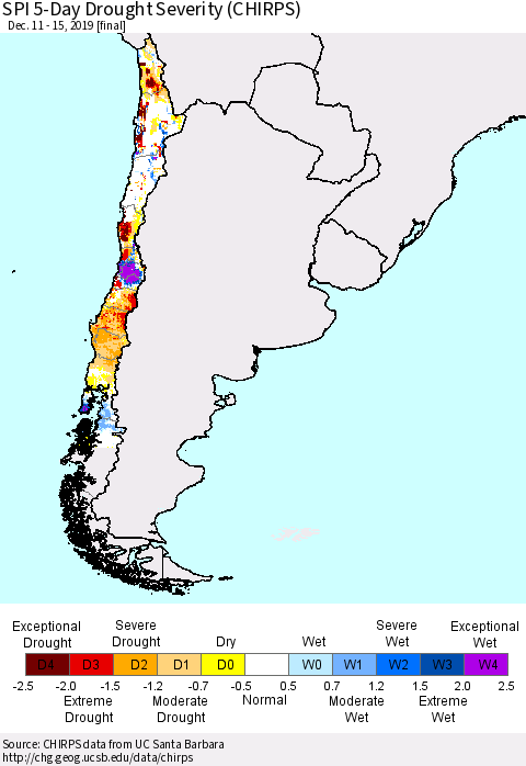 Chile SPI 5-Day Drought Severity (CHIRPS) Thematic Map For 12/11/2019 - 12/15/2019