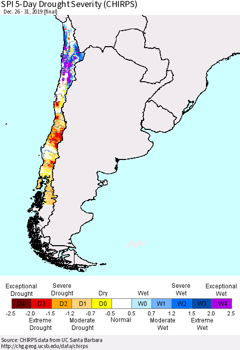 Chile SPI 5-Day Drought Severity (CHIRPS) Thematic Map For 12/26/2019 - 12/31/2019