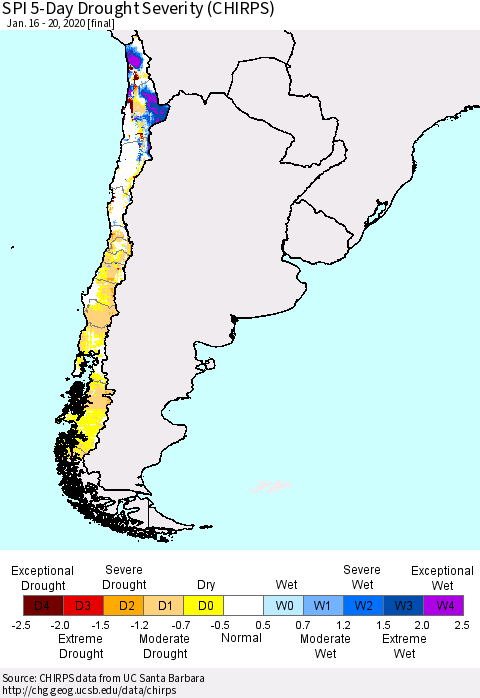Chile SPI 5-Day Drought Severity (CHIRPS) Thematic Map For 1/16/2020 - 1/20/2020