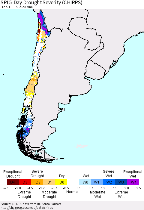 Chile SPI 5-Day Drought Severity (CHIRPS) Thematic Map For 2/11/2020 - 2/15/2020