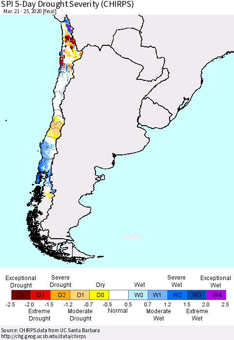 Chile SPI 5-Day Drought Severity (CHIRPS) Thematic Map For 3/21/2020 - 3/25/2020