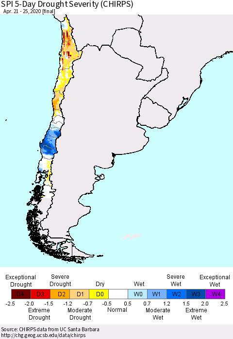 Chile SPI 5-Day Drought Severity (CHIRPS) Thematic Map For 4/21/2020 - 4/25/2020