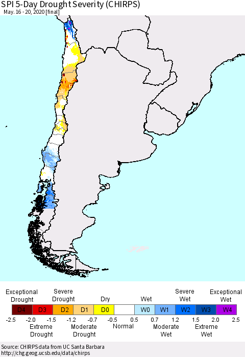 Chile SPI 5-Day Drought Severity (CHIRPS) Thematic Map For 5/16/2020 - 5/20/2020