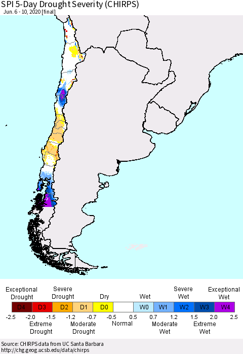Chile SPI 5-Day Drought Severity (CHIRPS) Thematic Map For 6/6/2020 - 6/10/2020
