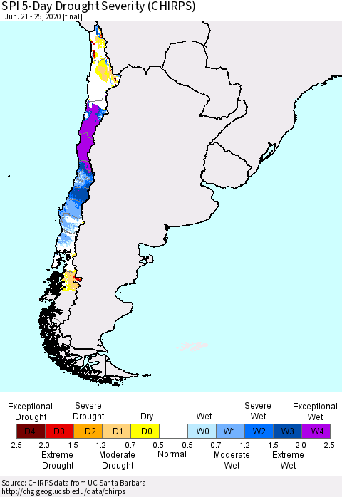 Chile SPI 5-Day Drought Severity (CHIRPS) Thematic Map For 6/21/2020 - 6/25/2020
