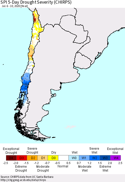 Chile SPI 5-Day Drought Severity (CHIRPS) Thematic Map For 7/6/2020 - 7/10/2020