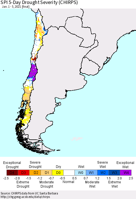 Chile SPI 5-Day Drought Severity (CHIRPS) Thematic Map For 1/1/2021 - 1/5/2021