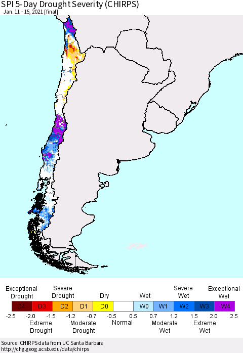 Chile SPI 5-Day Drought Severity (CHIRPS) Thematic Map For 1/11/2021 - 1/15/2021