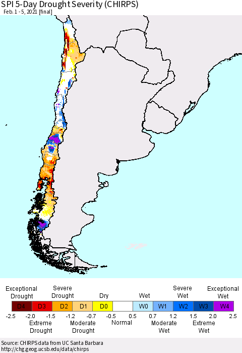 Chile SPI 5-Day Drought Severity (CHIRPS) Thematic Map For 2/1/2021 - 2/5/2021