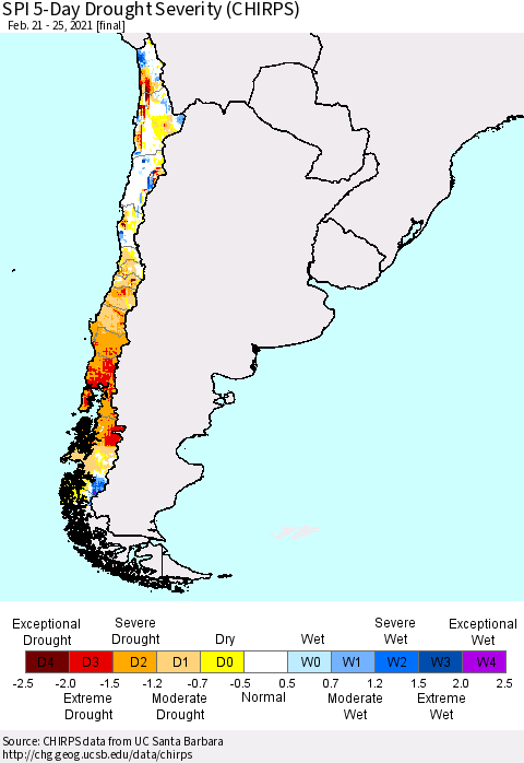 Chile SPI 5-Day Drought Severity (CHIRPS) Thematic Map For 2/21/2021 - 2/25/2021