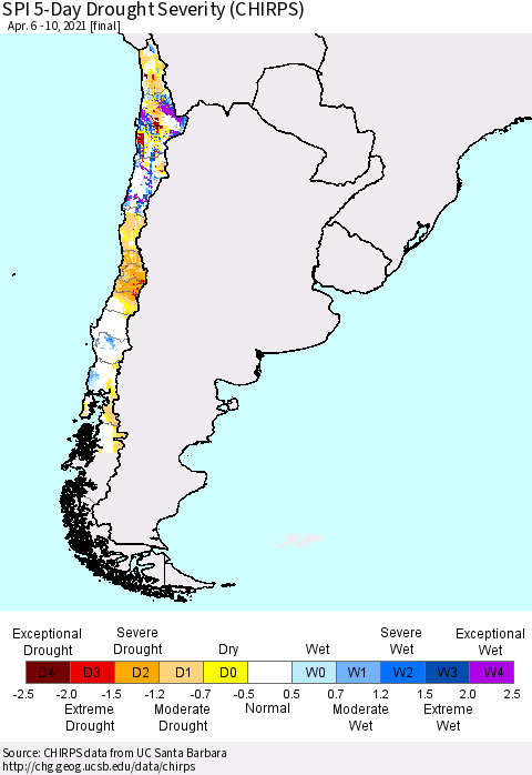 Chile SPI 5-Day Drought Severity (CHIRPS) Thematic Map For 4/6/2021 - 4/10/2021