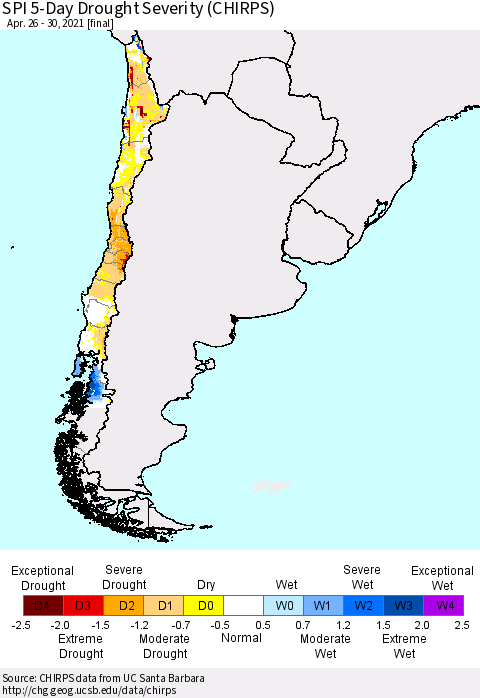 Chile SPI 5-Day Drought Severity (CHIRPS) Thematic Map For 4/26/2021 - 4/30/2021