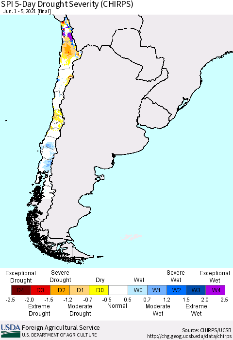 Chile SPI 5-Day Drought Severity (CHIRPS) Thematic Map For 6/1/2021 - 6/5/2021