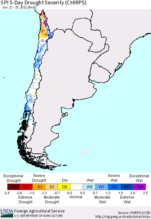 Chile SPI 5-Day Drought Severity (CHIRPS) Thematic Map For 6/21/2021 - 6/25/2021
