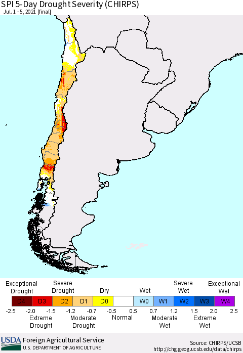Chile SPI 5-Day Drought Severity (CHIRPS) Thematic Map For 7/1/2021 - 7/5/2021