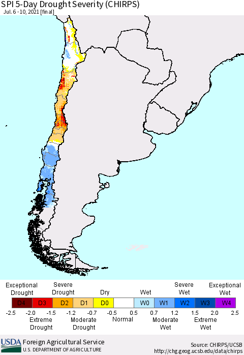 Chile SPI 5-Day Drought Severity (CHIRPS) Thematic Map For 7/6/2021 - 7/10/2021